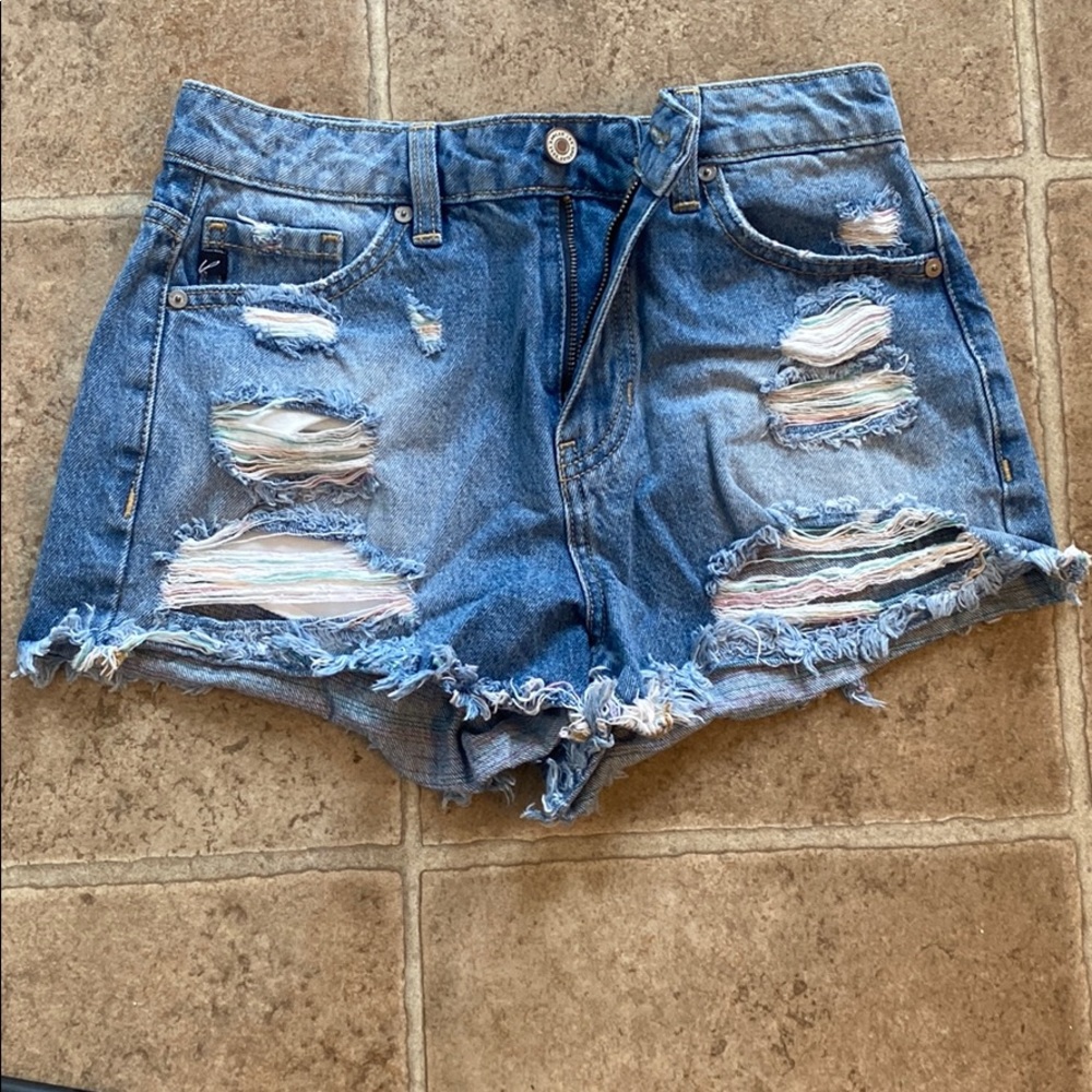 Kancan high waisted rainbow distressed shorts